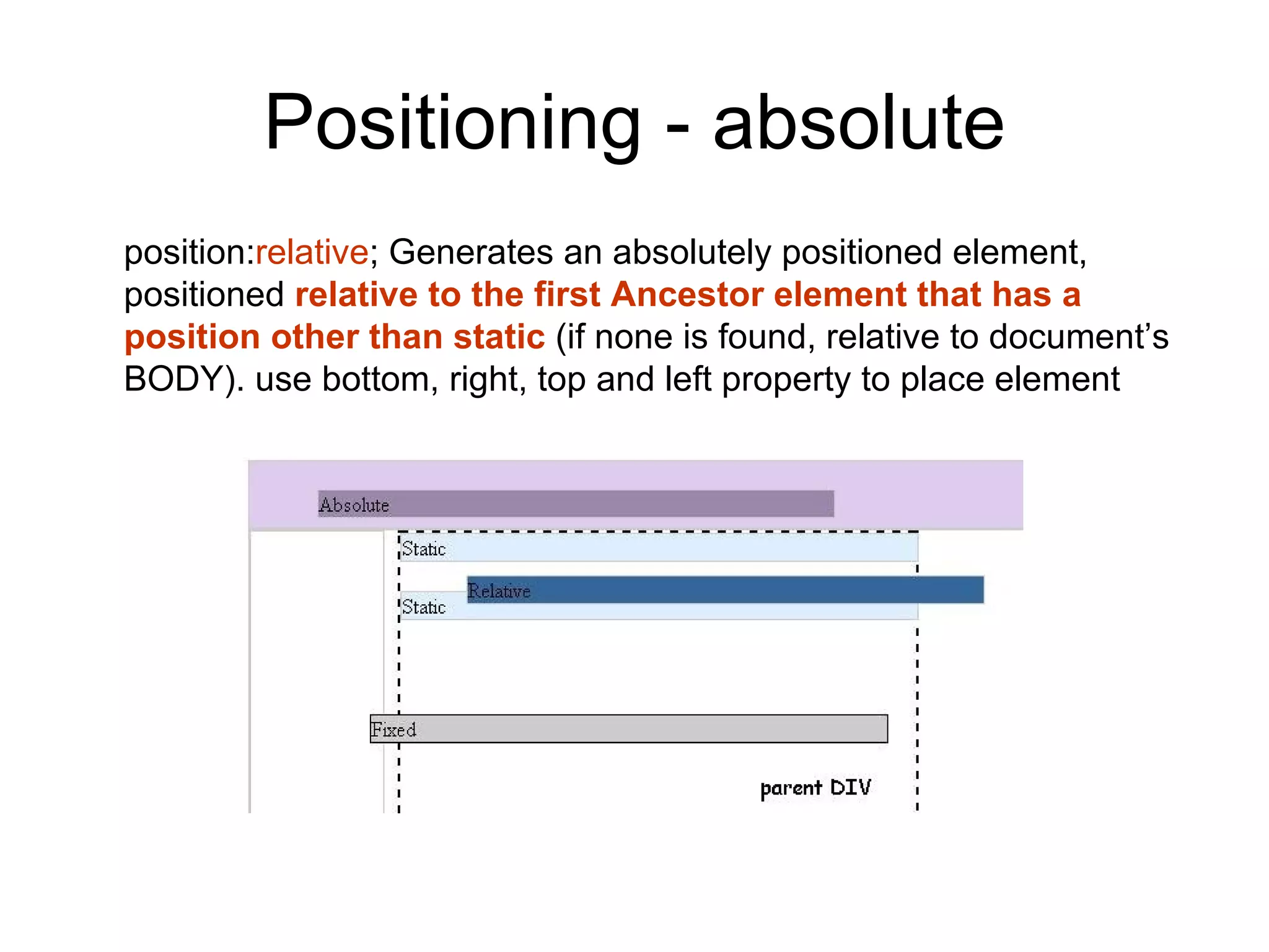 Positioning - absolute
position:relative; Generates an absolutely positioned element,
positioned relative to the first Ancestor element that has a
position other than static (if none is found, relative to document’s
BODY). use bottom, right, top and left property to place element
 