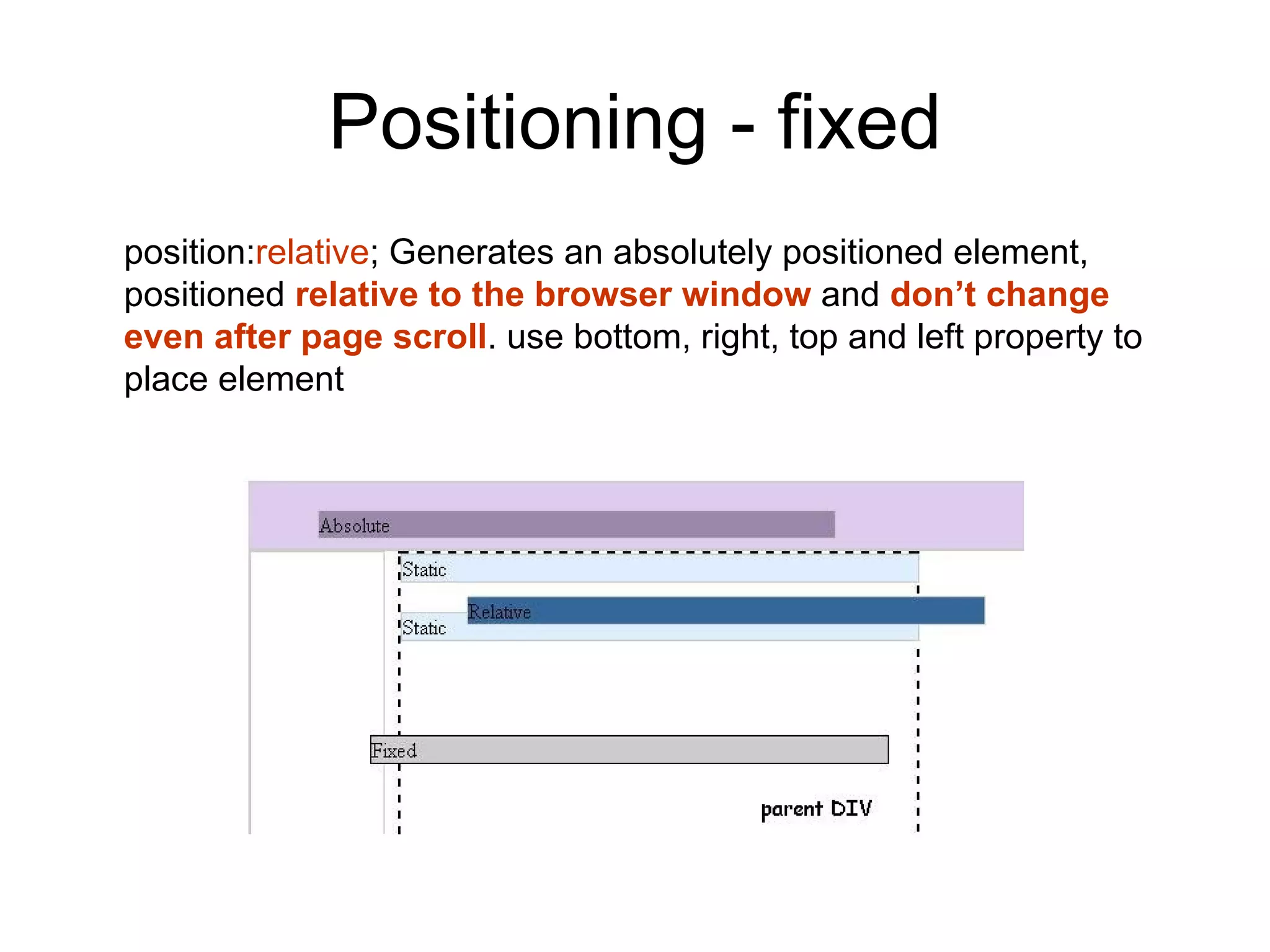 Positioning - fixed
position:relative; Generates an absolutely positioned element,
positioned relative to the browser window and don’t change
even after page scroll. use bottom, right, top and left property to
place element
 