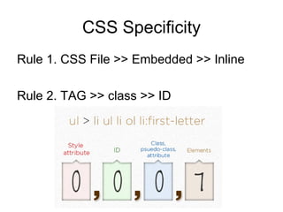 CSS Specificity
Rule 1. CSS File >> Embedded >> Inline

Rule 2. TAG >> class >> ID
 