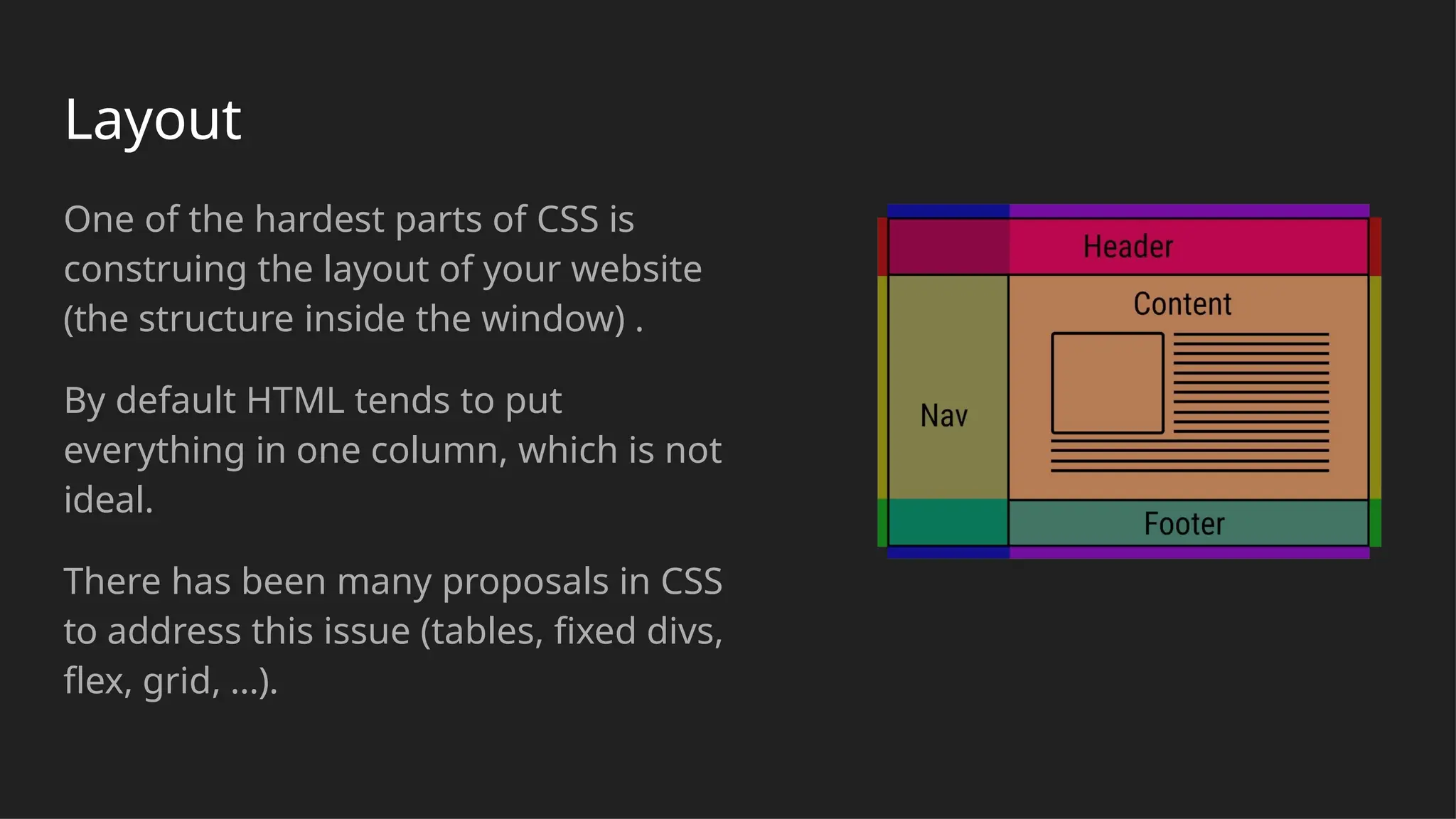 Layout
One of the hardest parts of CSS is
construing the layout of your website
(the structure inside the window) .
By default HTML tends to put
everything in one column, which is not
ideal.
There has been many proposals in CSS
to address this issue (tables, fixed divs,
flex, grid, …).
 