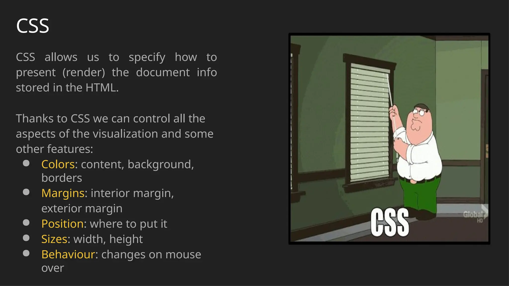 CSS
CSS allows us to specify how to
present (render) the document info
stored in the HTML.
Thanks to CSS we can control all the
aspects of the visualization and some
other features:
● Colors: content, background,
borders
● Margins: interior margin,
exterior margin
● Position: where to put it
● Sizes: width, height
● Behaviour: changes on mouse
over
 