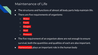 Maintenance of Life
● The structures and functions of almost all body parts help maintain life.
● There are five requirements of organisms:
○ Water
○ Foods
○ Oxygen
○ Heat
○ Pressure
● The five requirement of an organism alone are not enough to ensure
survival, both the quantities and qualities of each are also important.
● Homeostasis plays an important role in the human body
 