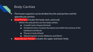 Body Cavities
● The human organism can be divided into the axial portion and the
appendicular portion.
● Axial Portion includes the head, neck, and trunk
○ Within the axial portion are four body cavities:
■ Cranial Cavity: Houses the brain
■ Vertebral Cavity: Contains the spinal cord within the sections of the
backbone (vertebrae)
■ Thoracic Cavity (Chest)
■ Abdominopelvic Cavity (Abdomen and Pelvic)
● Appendicular Portion includes the upper and lower limbs
 