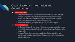 Organ Systems - Integration and
Coordination
● Nervous System
○ The cells of the nervous system communicate with each other and with
muscles and glands using chemical signals, called neurotransmitters.
○ Nerve cells extend from the brain or spinal cord to muscles or glands,
stimulating them to contract or to secrete products
○ Consists of the brain, the spinal cord, nerves, and sense organs
● Endocrine System
○ Includes all the glands that secrete chemical messengers called hormones.
○ A particular hormone that affects only a particular group of cells are called
target cells.
○ Organs of the endocrine system include: the pituitary gland, thyroid,
parathyroid, and adrenal glands; and the pancreas, ovaries, testes, pineal
gland, and thymus.
 
