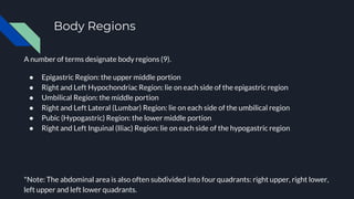 Body Regions
A number of terms designate body regions (9).
● Epigastric Region: the upper middle portion
● Right and Left Hypochondriac Region: lie on each side of the epigastric region
● Umbilical Region: the middle portion
● Right and Left Lateral (Lumbar) Region: lie on each side of the umbilical region
● Pubic (Hypogastric) Region: the lower middle portion
● Right and Left Inguinal (Iliac) Region: lie on each side of the hypogastric region
*Note: The abdominal area is also often subdivided into four quadrants: right upper, right lower,
left upper and left lower quadrants.
 