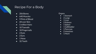 Recipe For a Body
● 206 Bones
● 640 Muscles
● 9 Pints of Blood
● All over Skin
● 5 million Hairs
● 10 Toenails
● 10 Fingernails
● 2 Eyes
● 2 Ears
● 1 Nose
● 32 Teeth
Organs
● 1 Stomach
● 2 Lungs
● 1 Liver
● 2 Kidneys
● 1 Spleen
● 1 Gallbladder
● 1 Pancreas
● 2 Intestines
● 1 Heart
 
