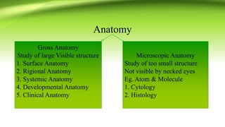 Anatomy
Gross Anatomy
Study of large Visible structure
1. Surface Anatomy
2. Rigional Anatomy
3. Systemic Anatomy
4. Developmental Anatomy
5. Clinical Anatomy
Microscopic Anatomy
Study of too small structure
Not visible by necked eyes
Eg. Atom & Molecule
1. Cytology
2. Histology
 