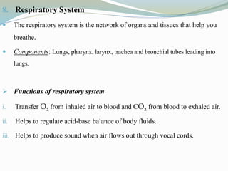 8. Respiratory System
 The respiratory system is the network of organs and tissues that help you
breathe.
 Components: Lungs, pharynx, larynx, trachea and bronchial tubes leading into
lungs.
 Functions of respiratory system
i. Transfer O2 from inhaled air to blood and CO2 from blood to exhaled air.
ii. Helps to regulate acid-base balance of body fluids.
iii. Helps to produce sound when air flows out through vocal cords.
 