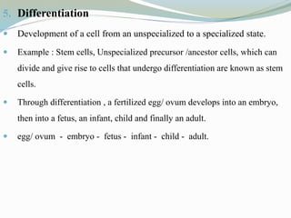 5. Differentiation
 Development of a cell from an unspecialized to a specialized state.
 Example : Stem cells, Unspecialized precursor /ancestor cells, which can
divide and give rise to cells that undergo differentiation are known as stem
cells.
 Through differentiation , a fertilized egg/ ovum develops into an embryo,
then into a fetus, an infant, child and finally an adult.
 egg/ ovum - embryo - fetus - infant - child - adult.
 