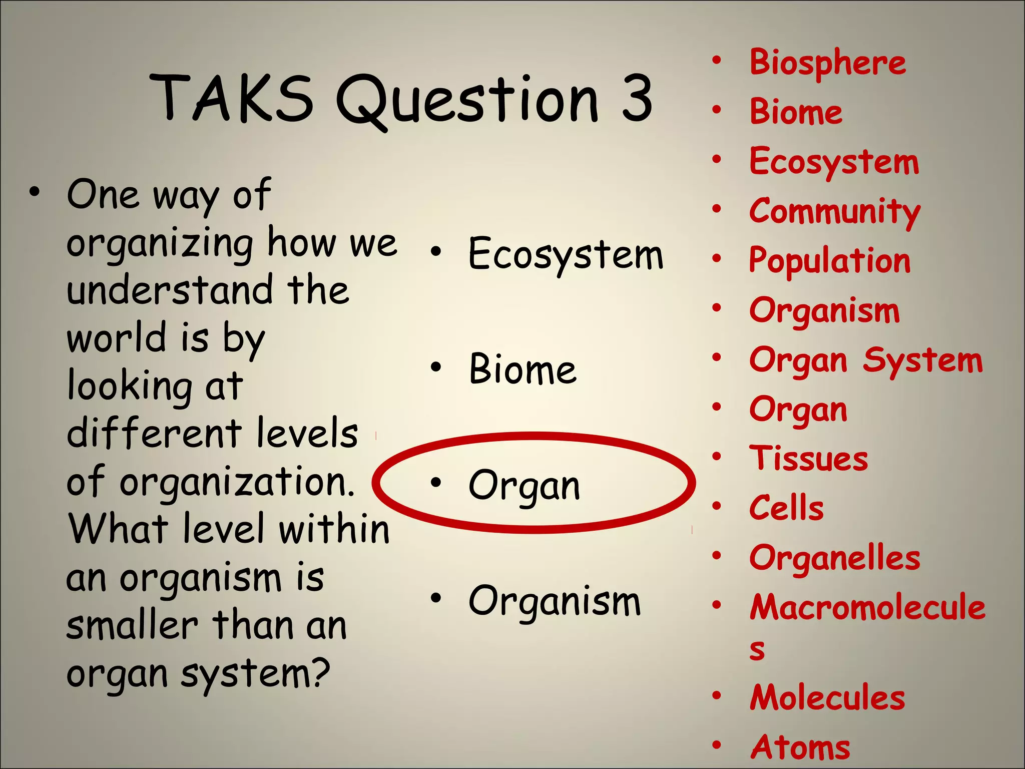 TAKS Question 3
• One way of
organizing how we
understand the
world is by
looking at
different levels
of organization.
What level within
an organism is
smaller than an
organ system?
• Ecosystem
• Biome
• Organ
• Organism
• Biosphere
• Biome
• Ecosystem
• Community
• Population
• Organism
• Organ System
• Organ
• Tissues
• Cells
• Organelles
• Macromolecule
s
• Molecules
• Atoms
 