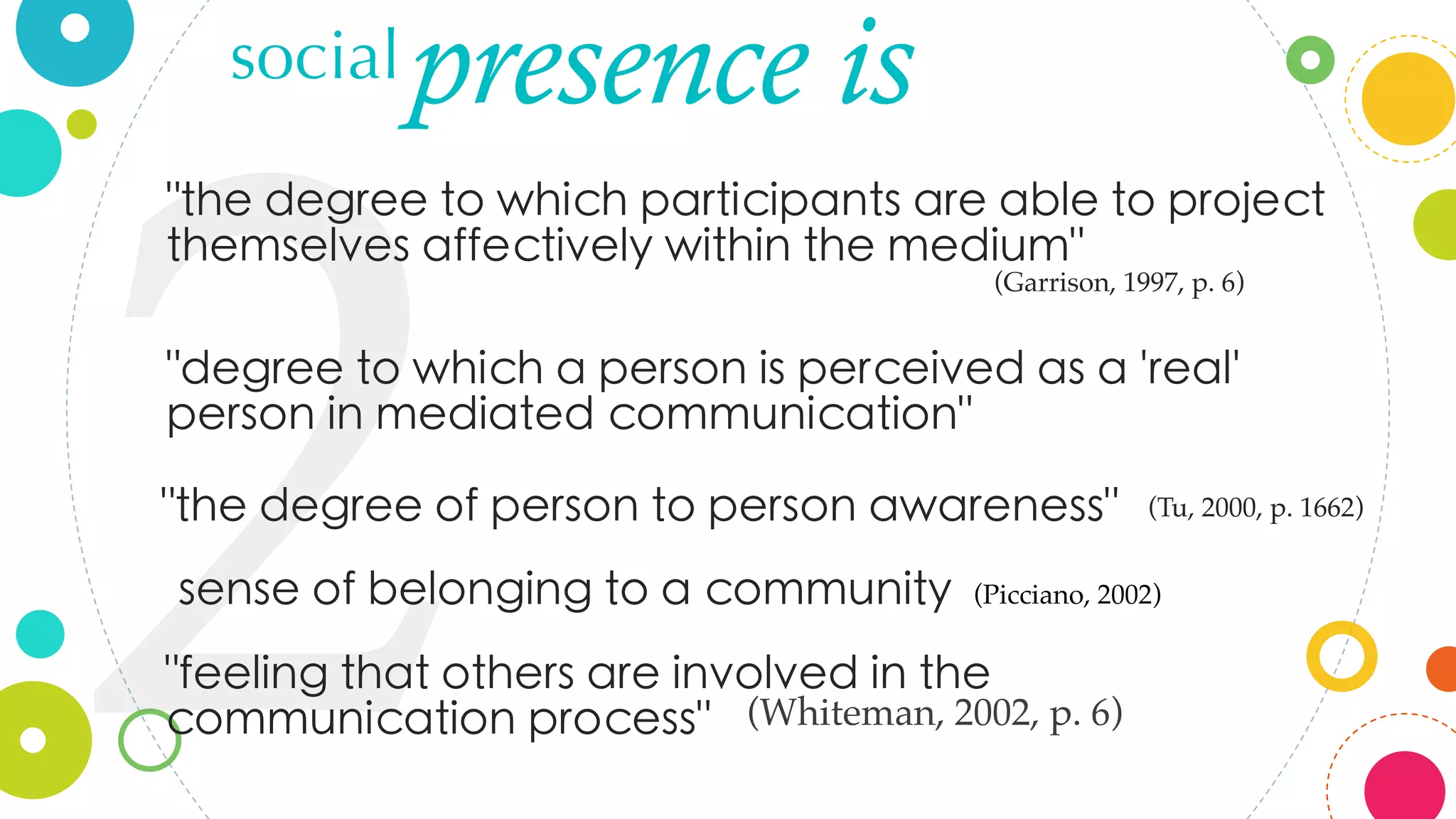 2
' & & - &
& '
(Garrison, 1997, p. 6)
presence issocial
' & & '
' ' & &
' (Tu, 2000, p. 1662)
& (Picciano, 2002)
'
& & & (Whiteman, 2002, p. 6)
 