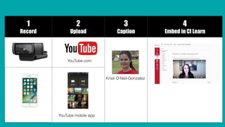 1
Record
2
Upload
3
Caption
4
Embed in CI Learn
YouTube.com
YouTube mobile app
Kristi O’Neil-Gonzalez
 