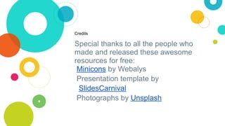 Credits
Special thanks to all the people who
made and released these awesome
resources for free:
Minicons by Webalys
Presentation template by
SlidesCarnival
Photographs by Unsplash
 