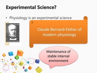 Experimental Science?
• Physiology is an experimental science
Claude Bernard-Father of
modern physiology
Maintenance of
stable internal
environment
 