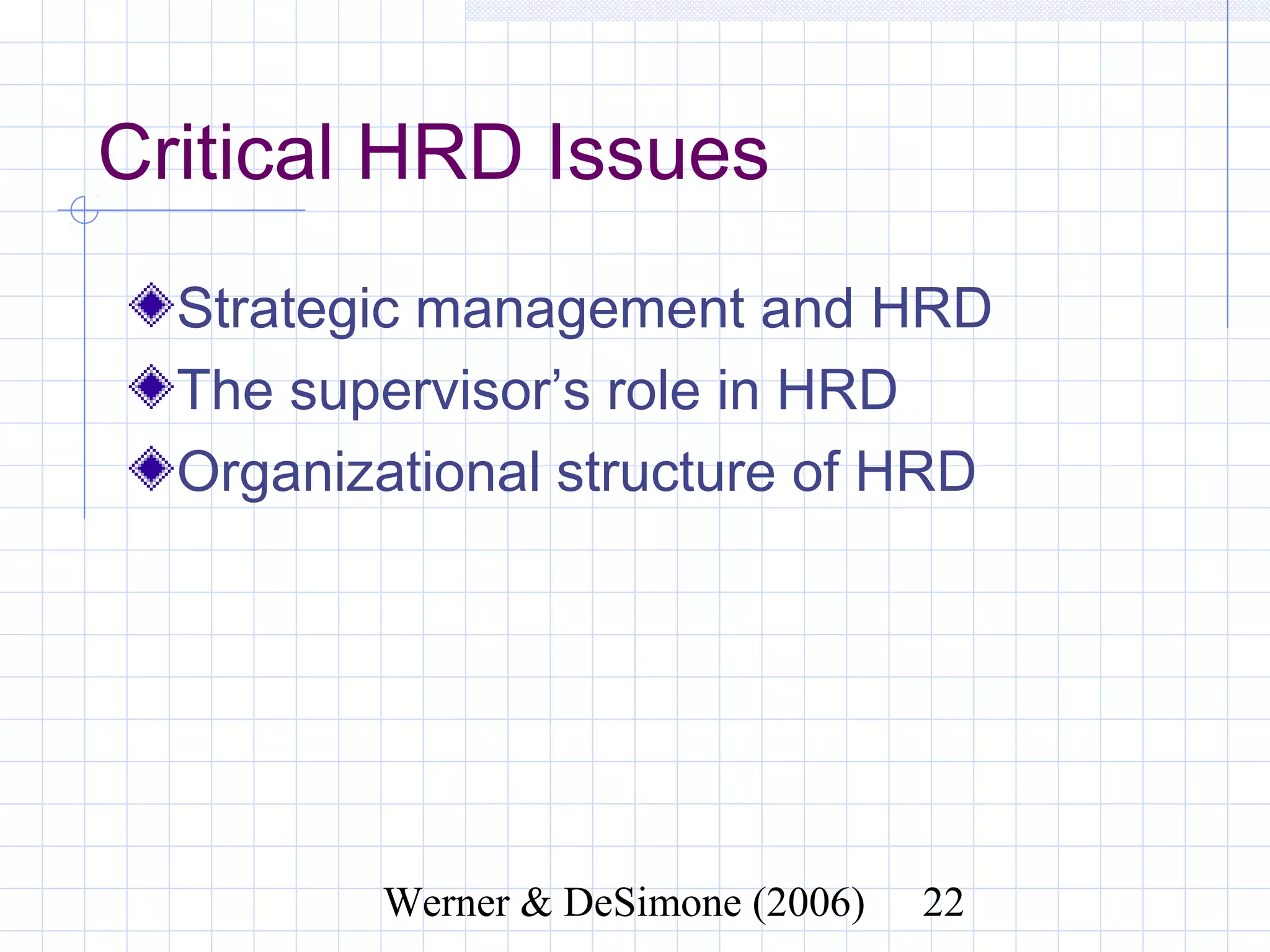 Critical HRD Issues
  Strategic management and HRD
  The supervisor’s role in HRD
  Organizational structure of HRD




              Werner & DeSimone (2006)   22
 