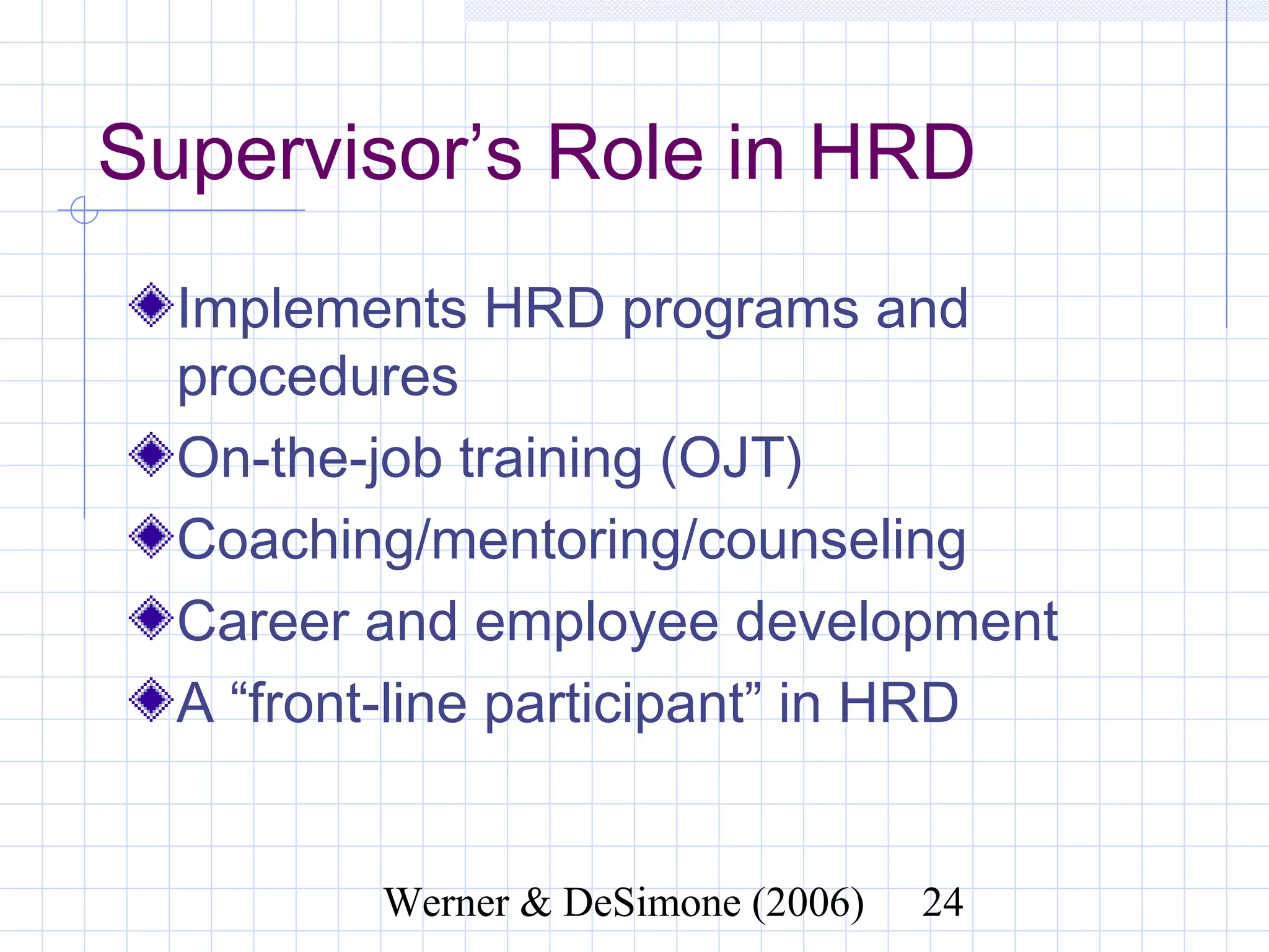 Supervisor’s Role in HRD
  Implements HRD programs and
  procedures
  On-the-job training (OJT)
  Coaching/mentoring/counseling
  Career and employee development
  A “front-line participant” in HRD


              Werner & DeSimone (2006)   24
 
