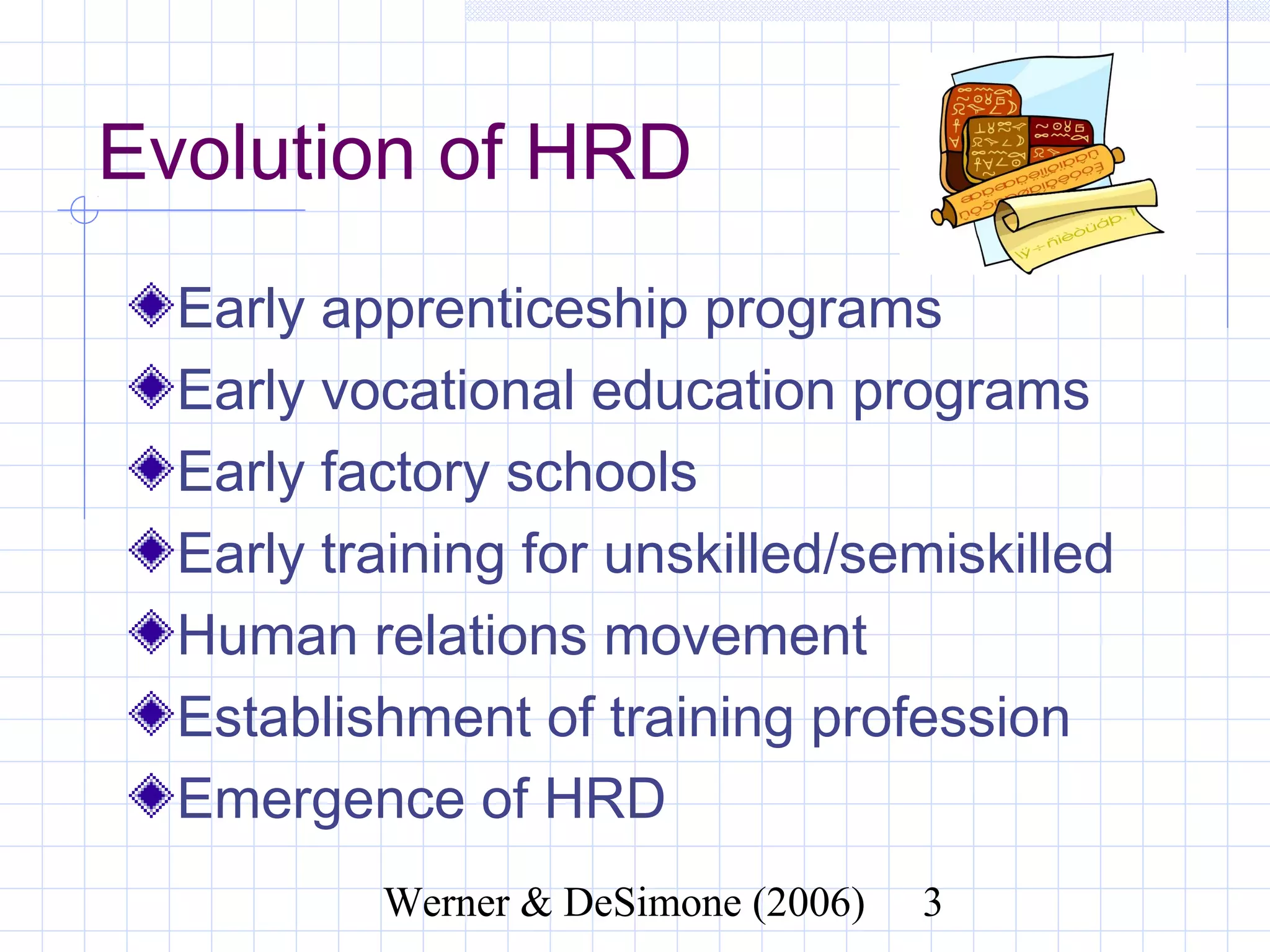 Evolution of HRD
  Early apprenticeship programs
  Early vocational education programs
  Early factory schools
  Early training for unskilled/semiskilled
  Human relations movement
  Establishment of training profession
  Emergence of HRD
                Werner & DeSimone (2006)     3
 