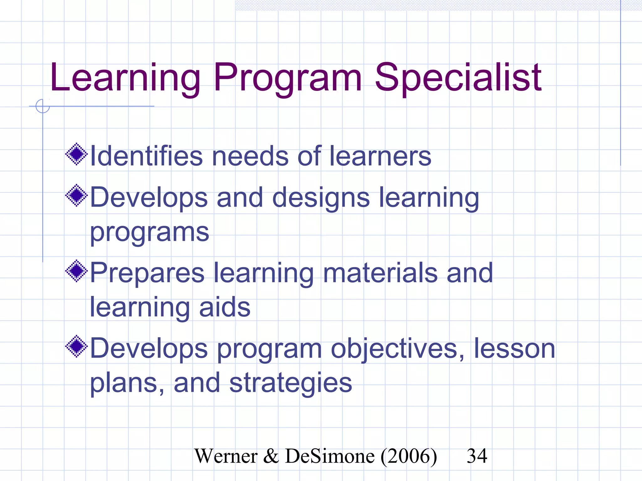 Learning Program Specialist
  Identifies needs of learners
  Develops and designs learning
  programs
  Prepares learning materials and
  learning aids
  Develops program objectives, lesson
  plans, and strategies

              Werner & DeSimone (2006)   34
 