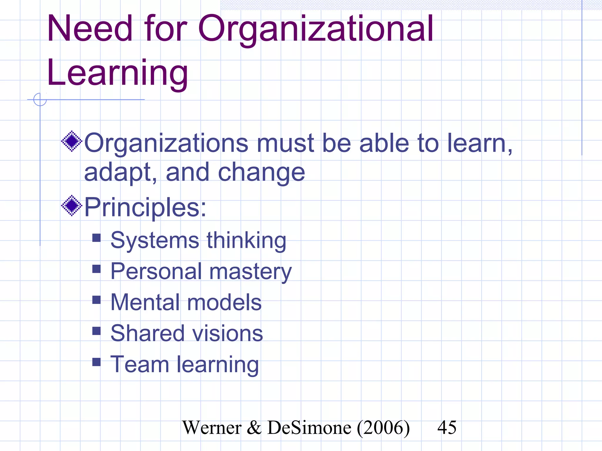 Need for Organizational
Learning
  Organizations must be able to learn,
  adapt, and change
  Principles:
     Systems thinking
     Personal mastery
     Mental models
     Shared visions
     Team learning

                 Werner & DeSimone (2006)   45
 