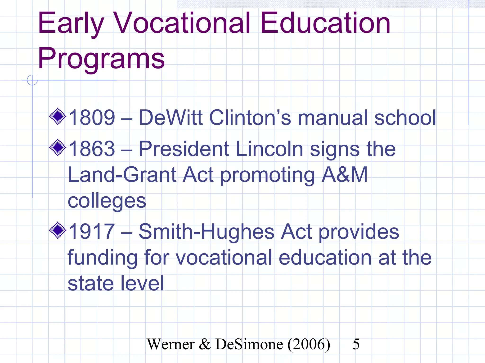 Early Vocational Education
Programs
  1809 – DeWitt Clinton’s manual school
  1863 – President Lincoln signs the
  Land-Grant Act promoting A&M colleges
  1917 – Smith-Hughes Act provides
  funding for vocational education at the
  state level



              Werner & DeSimone (2006)   5
 