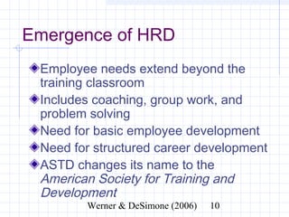 Emergence of HRD
 Employee needs extend beyond the
 training classroom
 Includes coaching, group work, and
 problem solving
 Need for basic employee development
 Need for structured career development
 ASTD changes its name to the American
 Society for Training and Development
             Werner & DeSimone (2006)   10
 