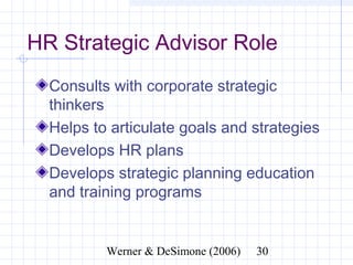 HR Strategic Advisor Role
  Consults with corporate strategic
  thinkers
  Helps to articulate goals and strategies
  Develops HR plans
  Develops strategic planning education
  and training programs


               Werner & DeSimone (2006)   30
 