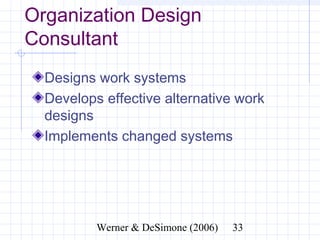 Organization Design
Consultant
  Designs work systems
  Develops effective alternative work
  designs
  Implements changed systems




               Werner & DeSimone (2006)   33
 