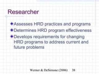 Researcher
  Assesses HRD practices and programs
  Determines HRD program effectiveness
  Develops requirements for changing
  HRD programs to address current and
  future problems




              Werner & DeSimone (2006)   38
 