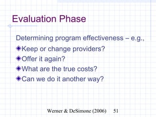Evaluation Phase
Determining program effectiveness – e.g.,
  Keep or change providers?
  Offer it again?
  What are the true costs?
  Can we do it another way?



              Werner & DeSimone (2006)   51
 