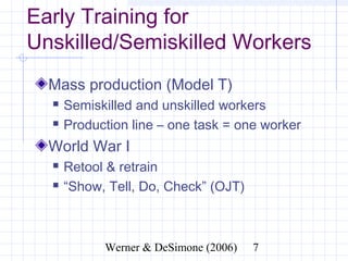 Early Training for
Unskilled/Semiskilled Workers
  Mass production (Model T)
     Semiskilled and unskilled workers
     Production line – one task = one worker
  World War I
     Retool & retrain
     “Show, Tell, Do, Check” (OJT)



                  Werner & DeSimone (2006)      7
 