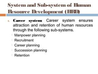 Systemand Sub-systemof Human
Resource Development (HRD)
1. Career system: Career system ensures
attraction and retention of human resources
through the following sub-systems.
 Manpower planning
 Recruitment
 Career planning
 Succession planning
 Retention
 