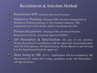 Recruitment & Selection Method

Recruitment SOP (Standard Operating Procedure)
Manpower Planning: (Manager HR will assist management in
Manpower Planning keeping in view business situation / HR
requirement and will evaluate, analyze and design the Job).

Position Requisition: (Manager HR will obtain Position
Requisition Form by concerned supervisor/HOD.)
Job Description & Specification: (In case of new position,
Human Resources in coordination with the supervisor concerned prepare
draft Job Descriptions, Job Specifications, Work objectives and forward
it to the departmental head for approval.)

Short listing by HR: (CVs / Applications will be evaluated by HR
Department for initial short listing candidates as per Job Description /
Job Specification.)
 