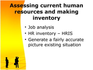 Assessing current human
resources and making
inventory
• Job analysis
• HR inventory – HRIS
• Generate a fairly accurate
picture existing situation

 