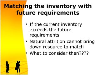 Matching the inventory with
future requirements
• If the current inventory
exceeds the future
requirements
• Natural attrition cannot bring
down resource to match
• What to consider then????

 