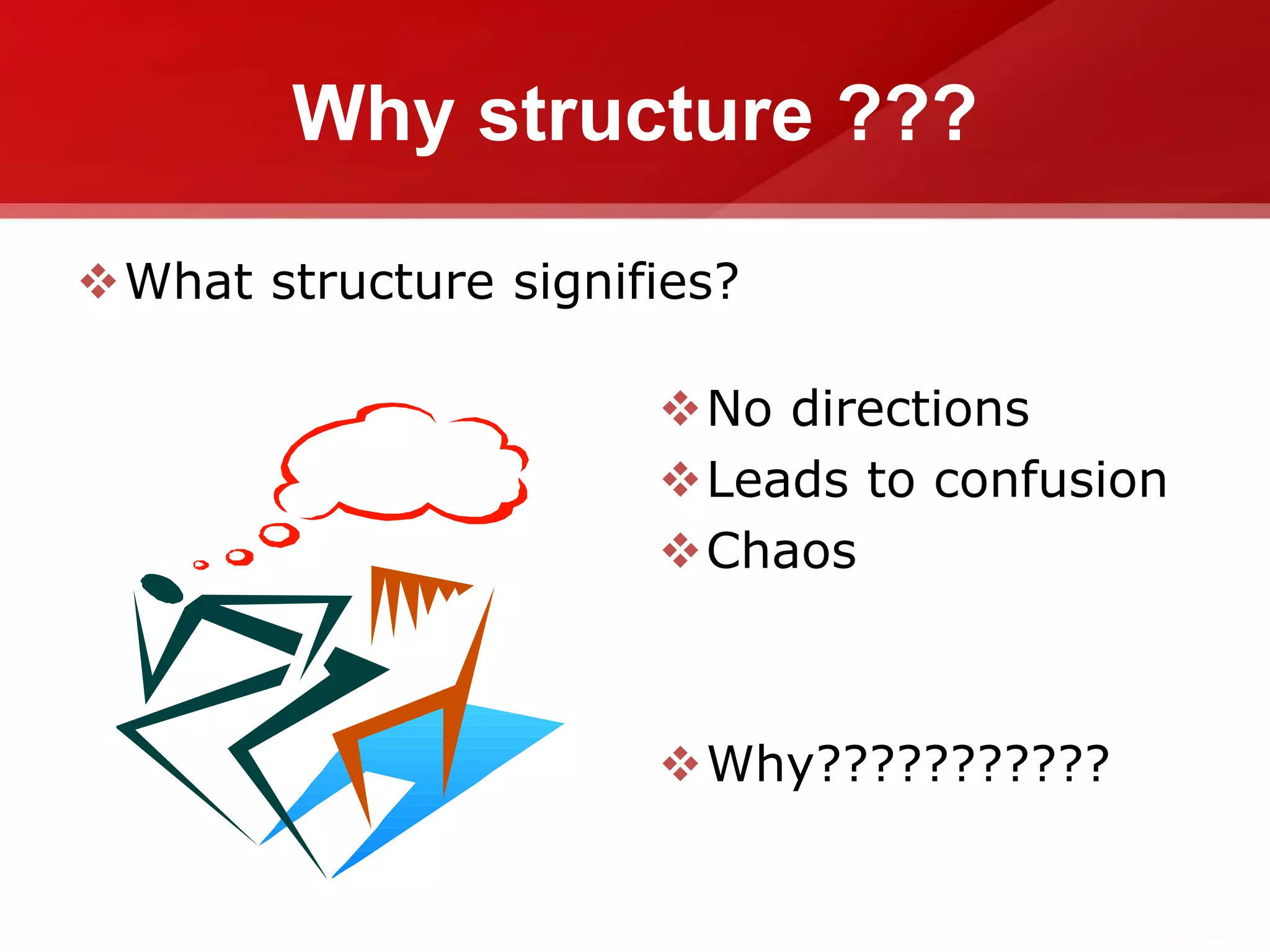 Why structure ???
What structure signifies?
No directions
Leads to confusion
Chaos
Why???????????
 