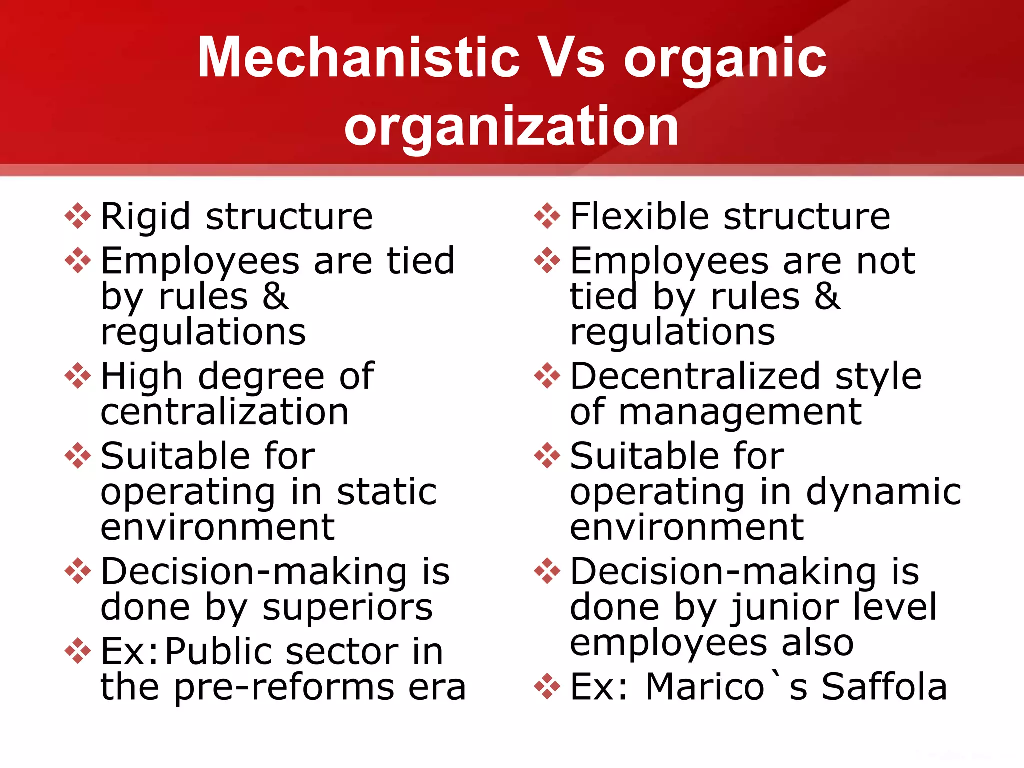 Mechanistic Vs organic
organization
Rigid structure
Employees are tied
by rules &
regulations
High degree of
centralization
Suitable for
operating in static
environment
Decision-making is
done by superiors
Ex:Public sector in
the pre-reforms era
Flexible structure
Employees are not
tied by rules &
regulations
Decentralized style
of management
Suitable for
operating in dynamic
environment
Decision-making is
done by junior level
employees also
Ex: Marico`s Saffola
 