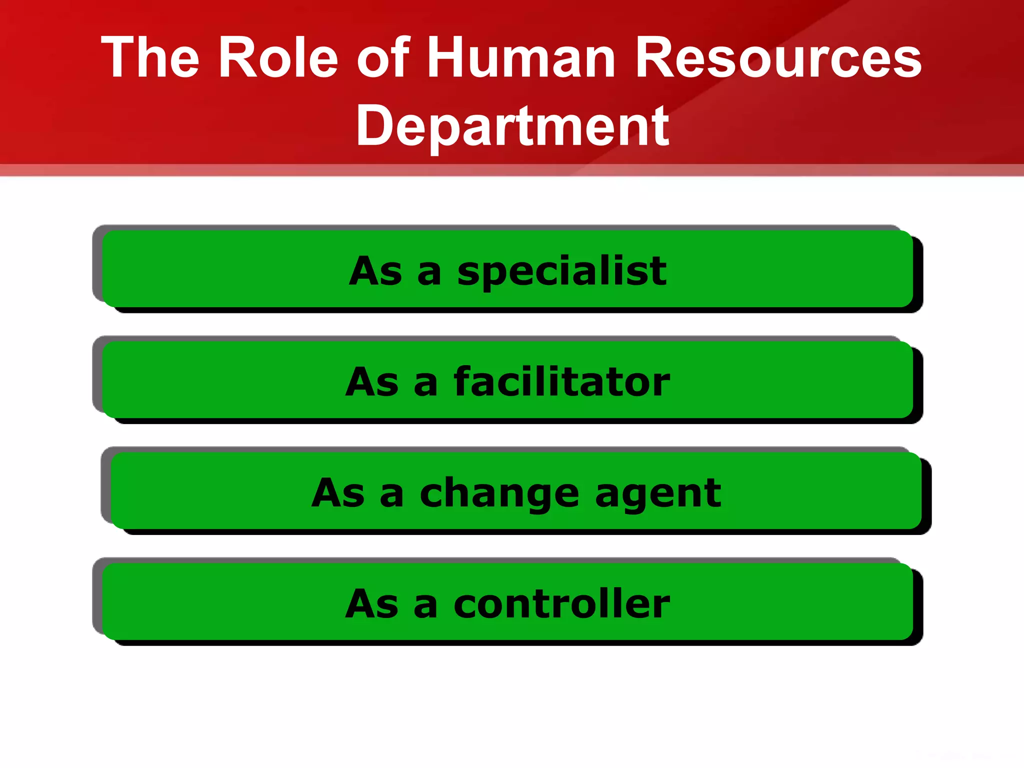 The Role of Human Resources
Department
As a specialist
As a facilitator
As a change agent
As a controller
 