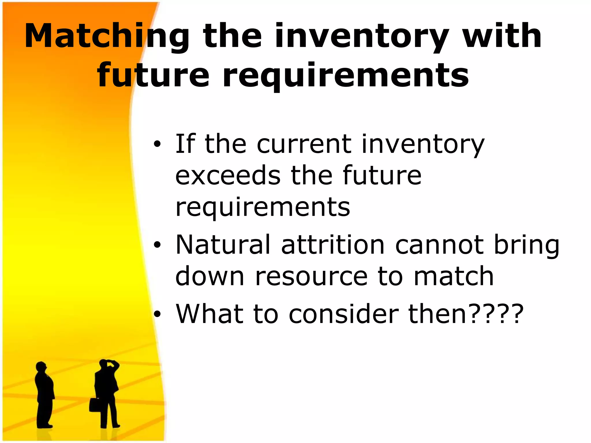 Matching the inventory with
future requirements
• If the current inventory
exceeds the future
requirements
• Natural attrition cannot bring
down resource to match
• What to consider then????
 