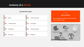 Anatomy of a Job Ad
Essential Information
Job Title Business Information
Location of the Job Pay & Benefits
Working Hours Brief Job Description
How to Apply Closing Date
Quick Discussion
Just a Minute
Why is a closing date essential for the HR department
when managing a vacancy?
 