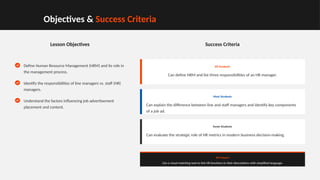 Objectives & Success Criteria
Lesson Objectives
Define Human Resource Management (HRM) and its role in
the management process.
Identify the responsibilities of line managers vs. staff (HR)
managers.
Understand the factors influencing job advertisement
placement and content.
Success Criteria
All Students
Can define HRM and list three responsibilities of an HR manager.
Most Students
Can explain the difference between line and staff managers and identify key components
of a job ad.
Some Students
Can evaluate the strategic role of HR metrics in modern business decision-making.
SEN Support
Use a visual matching task to link HR functions to their descriptions with simplified language.
 