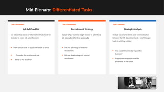 Mid-Plenary: Differentiated Tasks
Task A: Foundation
Job Ad Checklist
List 5 essential pieces of information that should be
included in every job advertisement.
• Think about what an applicant needs to know.
• Consider the location and pay.
• What is the deadline?
Task B: Development
Recruitment Strategy
Explain why a business might choose to advertise a
job internally rather than externally.
• List one advantage of internal
recruitment.
• List one disadvantage of internal
recruitment.
Task C: Extension
Strategic Analysis
Analyze a scenario where poor communication
between the HR department and a Line Manager
leads to a hiring mistake.
• How could this mistake impact the
business?
• Suggest two ways this could be
prevented in the future.
 