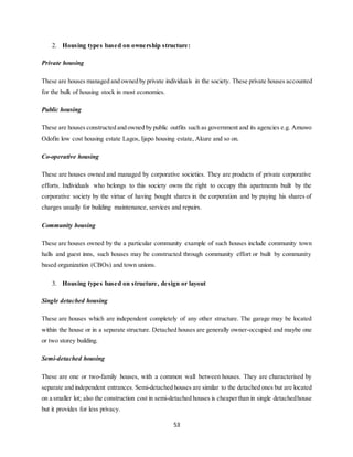 53
2. Housing types based on ownership structure:
Private housing
These are houses managed and owned by private individuals in the society. These private houses accounted
for the bulk of housing stock in most economies.
Public housing
These are houses constructed and owned by public outfits such as government and its agencies e.g. Amuwo
Odofin low cost housing estate Lagos, Ijapo housing estate, Akure and so on.
Co-operative housing
These are houses owned and managed by corporative societies. They are products of private corporative
efforts. Individuals who belongs to this society owns the right to occupy this apartments built by the
corporative society by the virtue of having bought shares in the corporation and by paying his shares of
charges usually for building maintenance, services and repairs.
Community housing
These are houses owned by the a particular community example of such houses include community town
halls and guest inns, such houses may be constructed through community effort or built by community
based organization (CBOs) and town unions.
3. Housing types based on structure, design or layout
Single detached housing
These are houses which are independent completely of any other structure. The garage may be located
within the house or in a separate structure. Detached houses are generally owner-occupied and maybe one
or two storey building.
Semi-detached housing
These are one or two-family houses, with a common wall between houses. They are characterised by
separate and independent entrances. Semi-detached houses are similar to the detached ones but are located
on a smaller lot; also the construction cost in semi-detached houses is cheaperthan in single detachedhouse
but it provides for less privacy.
 