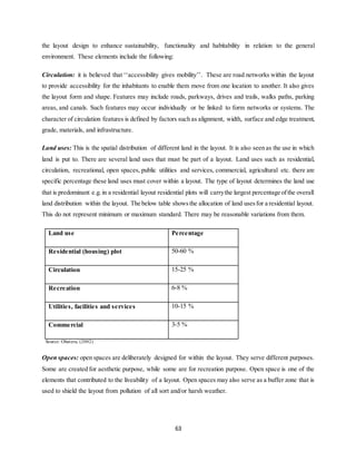 63
the layout design to enhance sustainability, functionality and habitability in relation to the general
environment. These elements include the following:
Circulation: it is believed that ‘‘accessibility gives mobility’’. These are road networks within the layout
to provide accessibility for the inhabitants to enable them move from one location to another. It also gives
the layout form and shape. Features may include roads, parkways, drives and trails, walks paths, parking
areas, and canals. Such features may occur individually or be linked to form networks or systems. The
character of circulation features is defined by factors such as alignment, width, surface and edge treatment,
grade, materials, and infrastructure.
Land uses: This is the spatial distribution of different land in the layout. It is also seen as the use in which
land is put to. There are several land uses that must be part of a layout. Land uses such as residential,
circulation, recreational, open spaces, public utilities and services, commercial, agricultural etc. there are
specific percentage these land uses must cover within a layout. The type of layout determines the land use
that is predominant e.g.in a residential layout residential plots will carrythe largest percentage ofthe overall
land distribution within the layout. The below table showsthe allocation of land usesfor a residential layout.
This do not represent minimum or maximum standard. There may be reasonable variations from them.
Land use Percentage
Residential (housing) plot 50-60 %
Circulation 15-25 %
Recreation 6-8 %
Utilities, facilities and services 10-15 %
Commercial 3-5 %
Source: Obateru, (2002)
Open spaces: open spaces are deliberately designed for within the layout. They serve different purposes.
Some are created for aesthetic purpose, while some are for recreation purpose. Open space is one of the
elements that contributed to the liveability of a layout. Open spaces may also serve as a buffer zone that is
used to shield the layout from pollution of all sort and/or harsh weather.
 