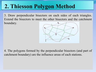 2. Thiesson Polygon Method
3. Draw perpendicular bisectors on each sides of each triangles.
Extend the bisectors to meet the other bisectors and the catchment
boundary.
4. The polygons formed by the perpendicular bisectors (and part of
catchment boundary) are the influence areas of each stations.
 