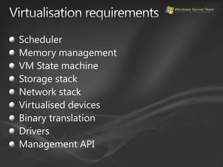 Virtualisation requirementsSchedulerMemory managementVM State machineStorage stackNetwork stackVirtualised devicesBinary translationDriversManagement API