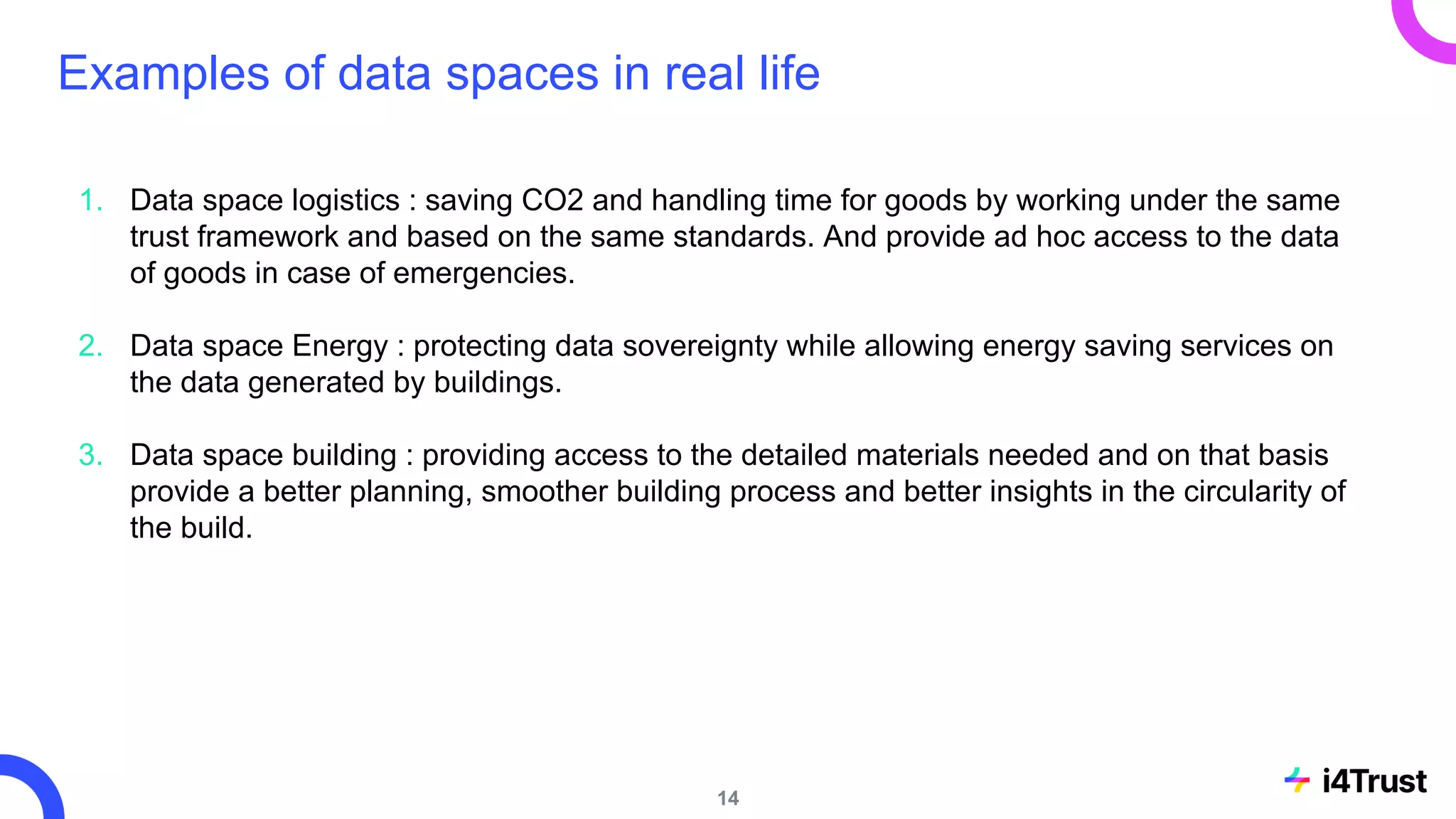 Examples of data spaces in real life
1. Data space logistics : saving CO2 and handling time for goods by working under the same
trust framework and based on the same standards. And provide ad hoc access to the data
of goods in case of emergencies.
2. Data space Energy : protecting data sovereignty while allowing energy saving services on
the data generated by buildings.
3. Data space building : providing access to the detailed materials needed and on that basis
provide a better planning, smoother building process and better insights in the circularity of
the build.
14
 