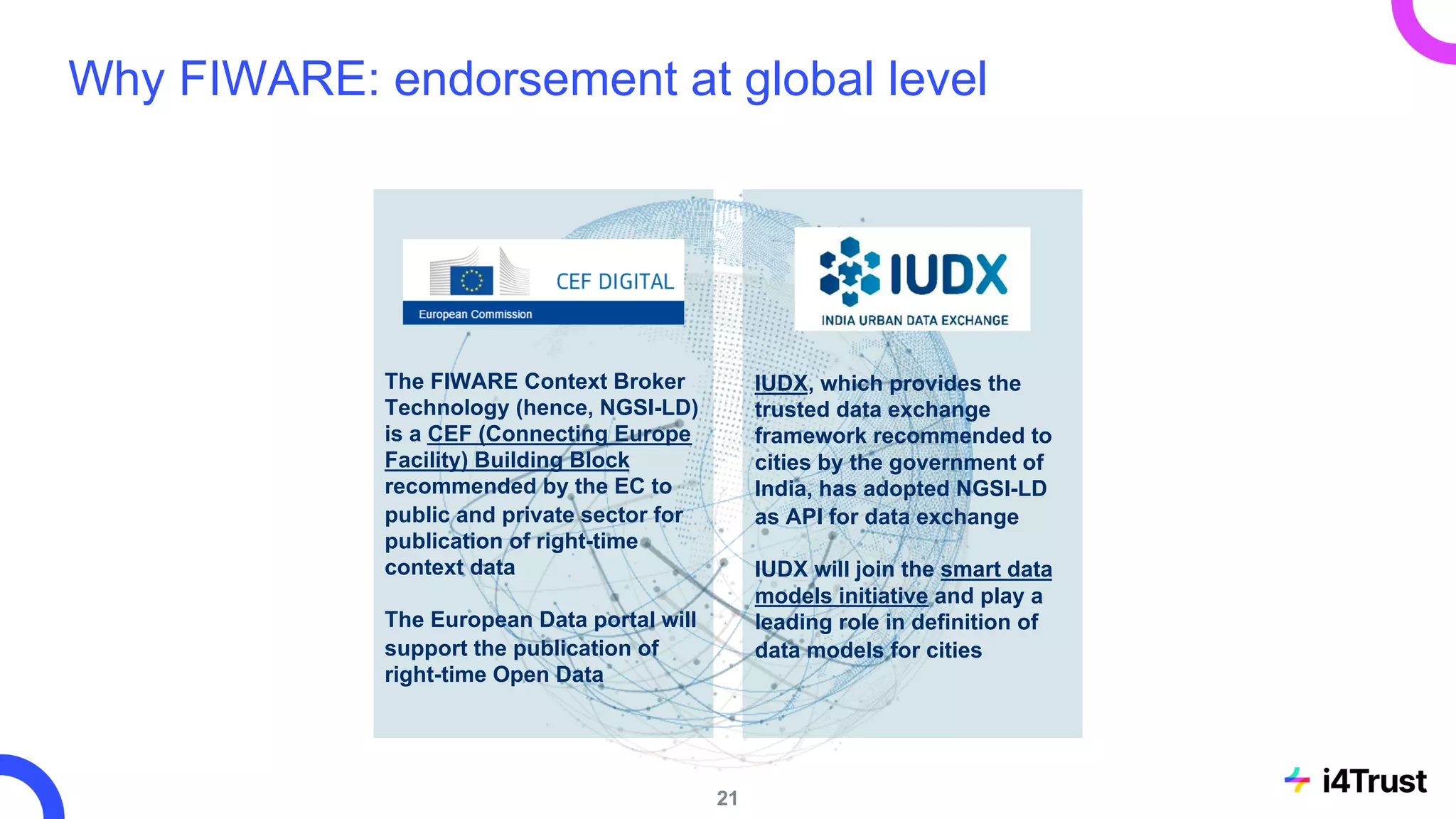 21
Why FIWARE: endorsement at global level
The FIWARE Context Broker
Technology (hence, NGSI-LD)
is a CEF (Connecting Europe
Facility) Building Block
recommended by the EC to
public and private sector for
publication of right-time
context data
The European Data portal will
support the publication of
right-time Open Data
IUDX, which provides the
trusted data exchange
framework recommended to
cities by the government of
India, has adopted NGSI-LD
as API for data exchange
IUDX will join the smart data
models initiative and play a
leading role in definition of
data models for cities
 