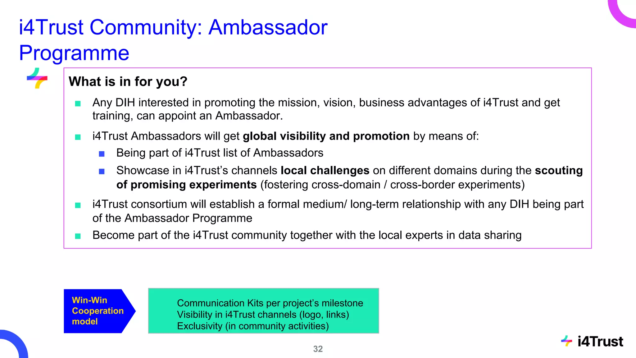 i4Trust Community: Ambassador
Programme
What is in for you?
■ Any DIH interested in promoting the mission, vision, business advantages of i4Trust and get
training, can appoint an Ambassador.
■ i4Trust Ambassadors will get global visibility and promotion by means of:
■ Being part of i4Trust list of Ambassadors
■ Showcase in i4Trust’s channels local challenges on different domains during the scouting
of promising experiments (fostering cross-domain / cross-border experiments)
■ i4Trust consortium will establish a formal medium/ long-term relationship with any DIH being part
of the Ambassador Programme
■ Become part of the i4Trust community together with the local experts in data sharing
Win-Win
Cooperation
model
■ Communication Kits per project’s milestone
■ Visibility in i4Trust channels (logo, links)
■ Exclusivity (in community activities)
32
 