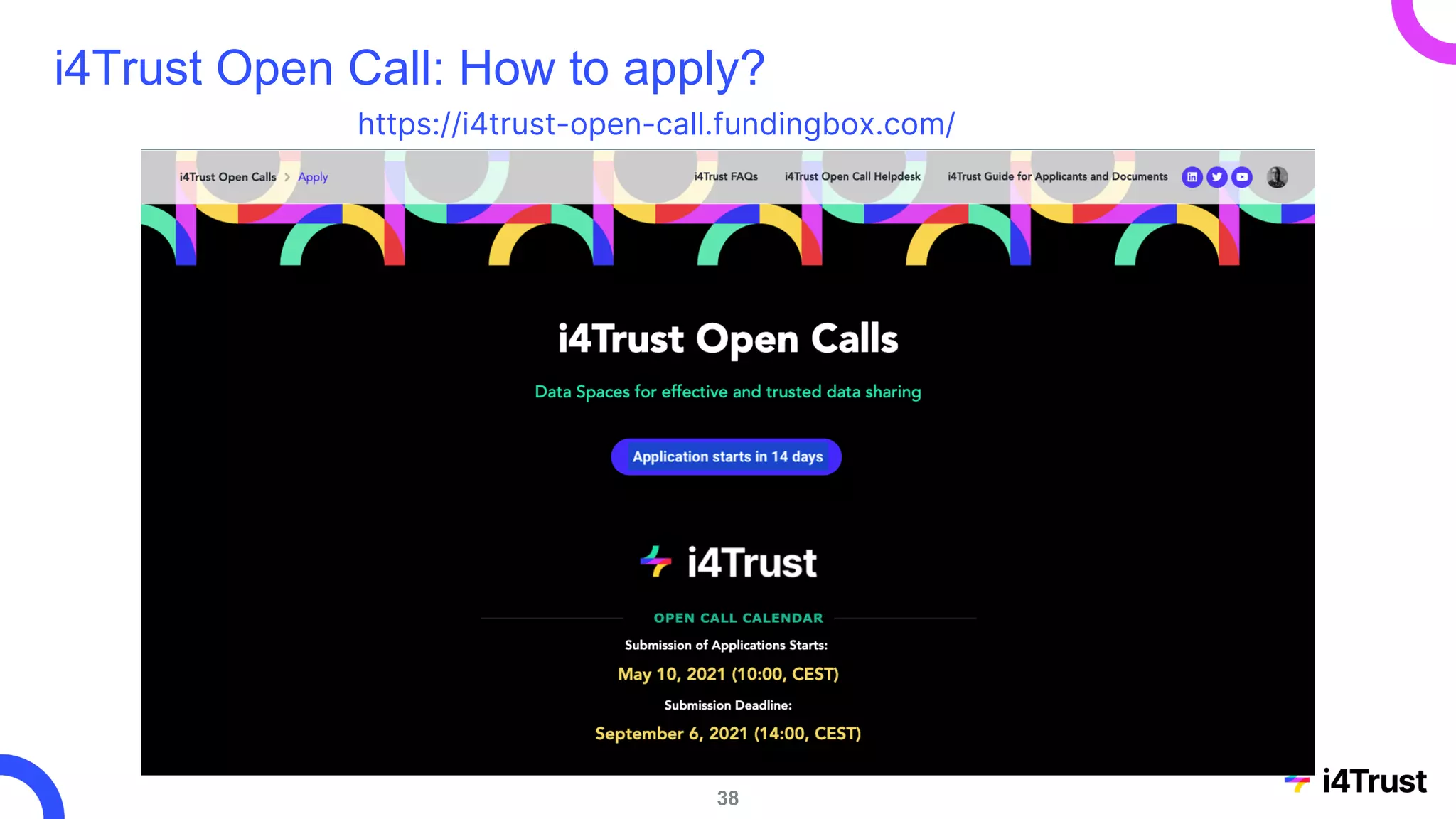 i4Trust Open Call: How to apply?
https://i4trust-open-call.fundingbox.com/
38
 