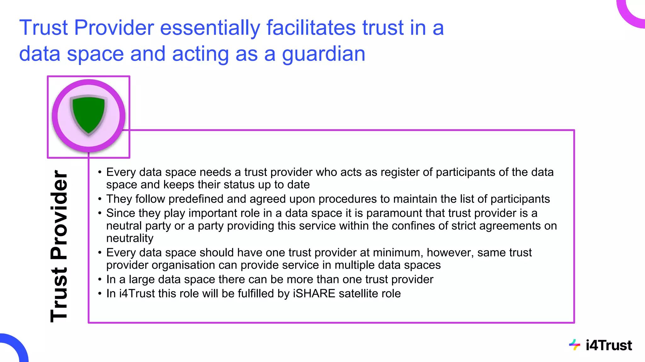 Trust Provider essentially facilitates trust in a
data space and acting as a guardian
76
Trust
Provider
• Every data space needs a trust provider who acts as register of participants of the data
space and keeps their status up to date
• They follow predefined and agreed upon procedures to maintain the list of participants
• Since they play important role in a data space it is paramount that trust provider is a
neutral party or a party providing this service within the confines of strict agreements on
neutrality
• Every data space should have one trust provider at minimum, however, same trust
provider organisation can provide service in multiple data spaces
• In a large data space there can be more than one trust provider
• In i4Trust this role will be fulfilled by iSHARE satellite role
 